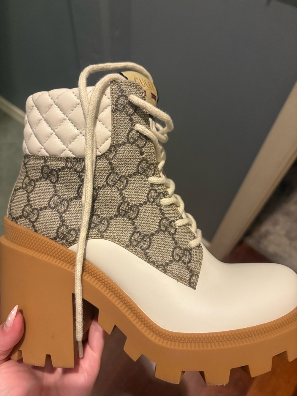 Gucci Cream, Brown & Tan Quilted-Collar Lug Sole Ankle Boot - Picture 8 of 9